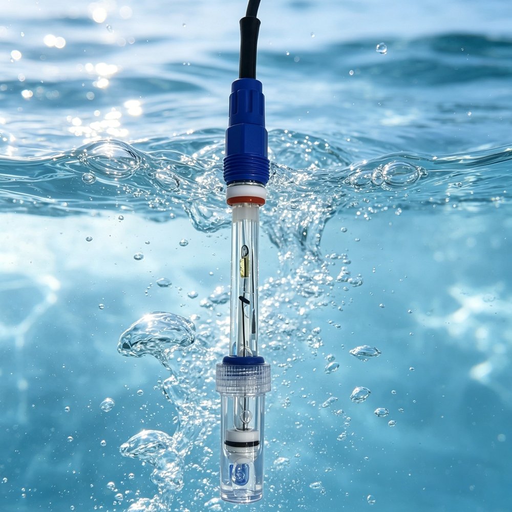 Industrial pH sensor installed for water monitoring